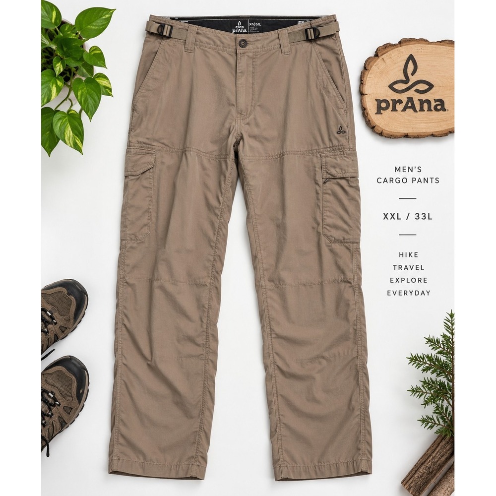 prAna Mens XXL 33L Cargo Pants Tan Khaki Hiking Outdoor Travel Utility Adjustabl